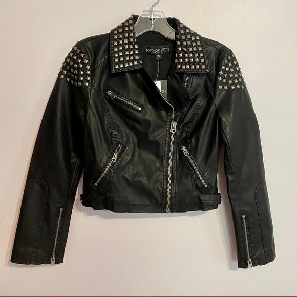 Topshop Jackets & Blazers - Topshop Black Cropped Moto Jacket Faux Leather